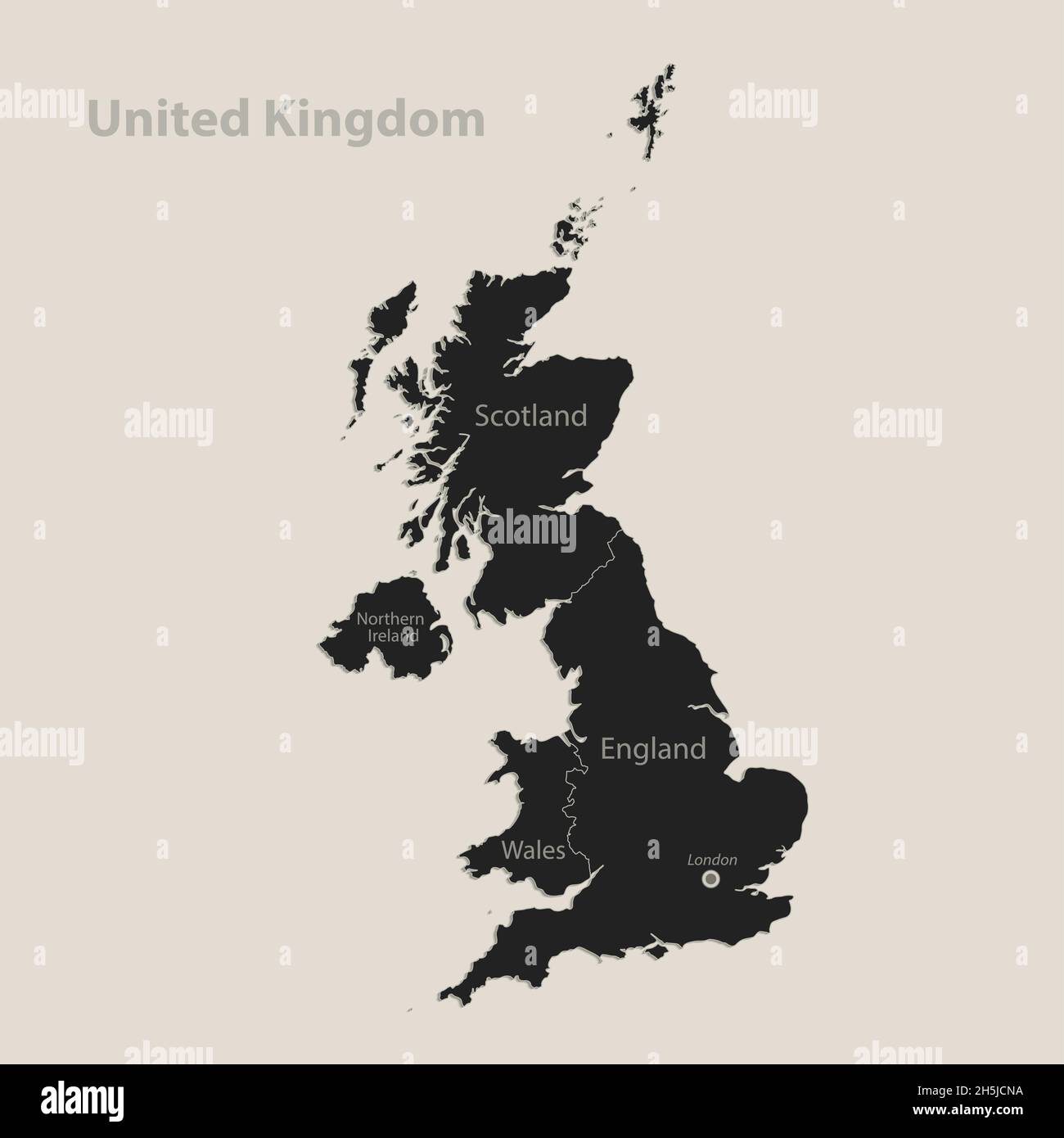 Black map of United Kingdom with names of regions, design blackboard vector Stock Vector