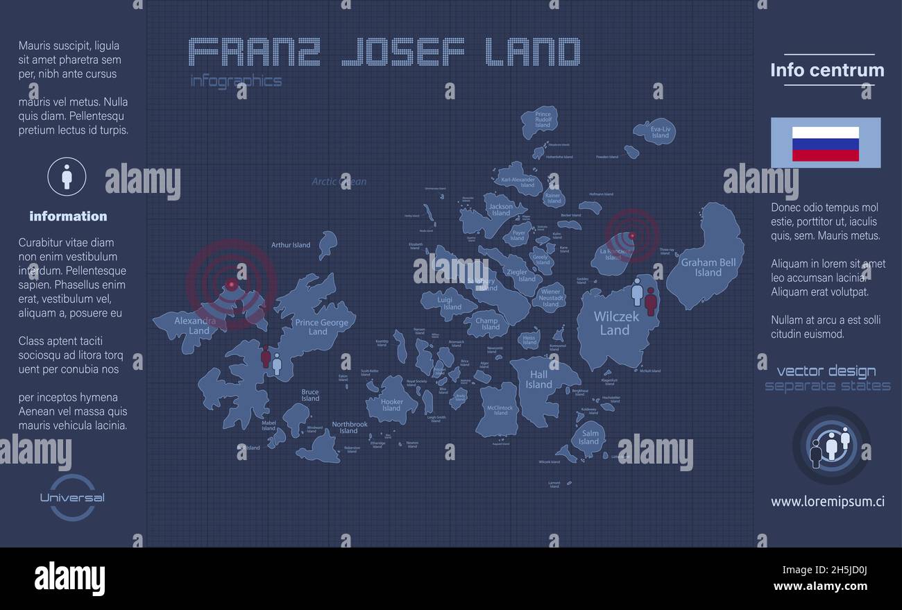 Franz Josef Land map, separate regions with names, infographics blue