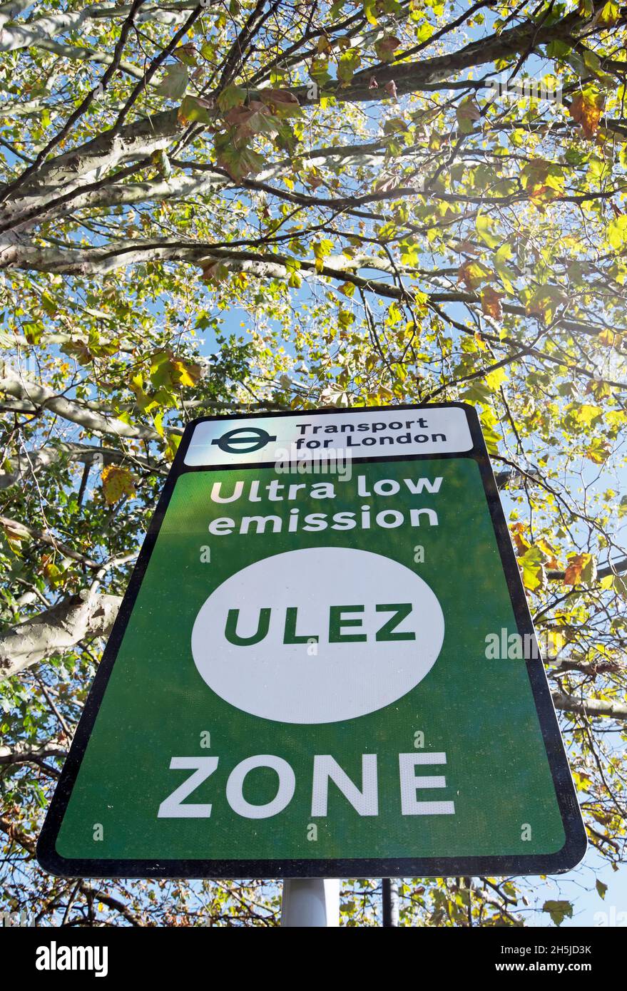 transport for london sign marking the start of an ultra low emissions zone, or ulez, at chalkers corner, southwest london, england Stock Photo