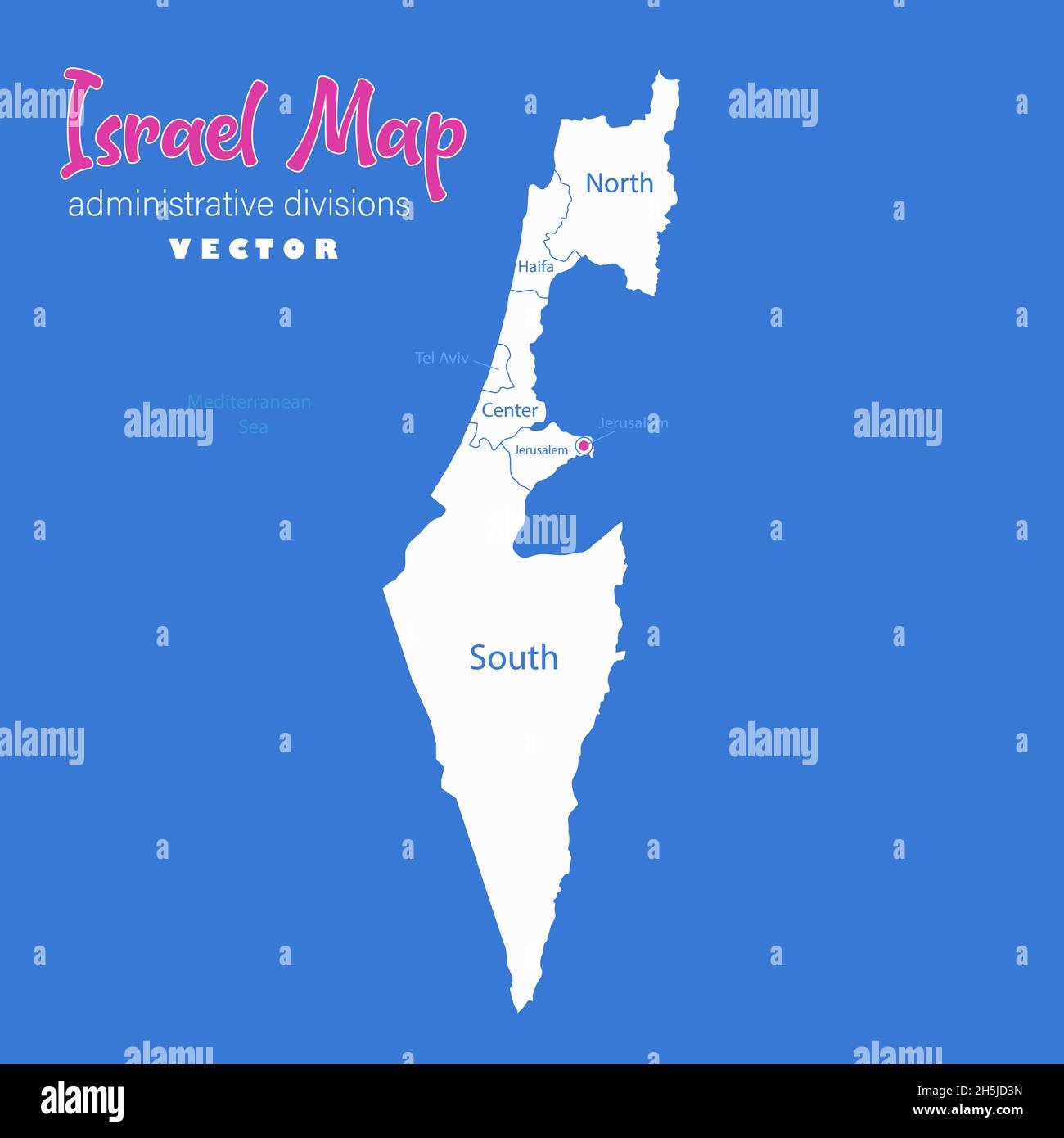 Israel map, administrative divisions whit names regions, blue background vector Stock Vector