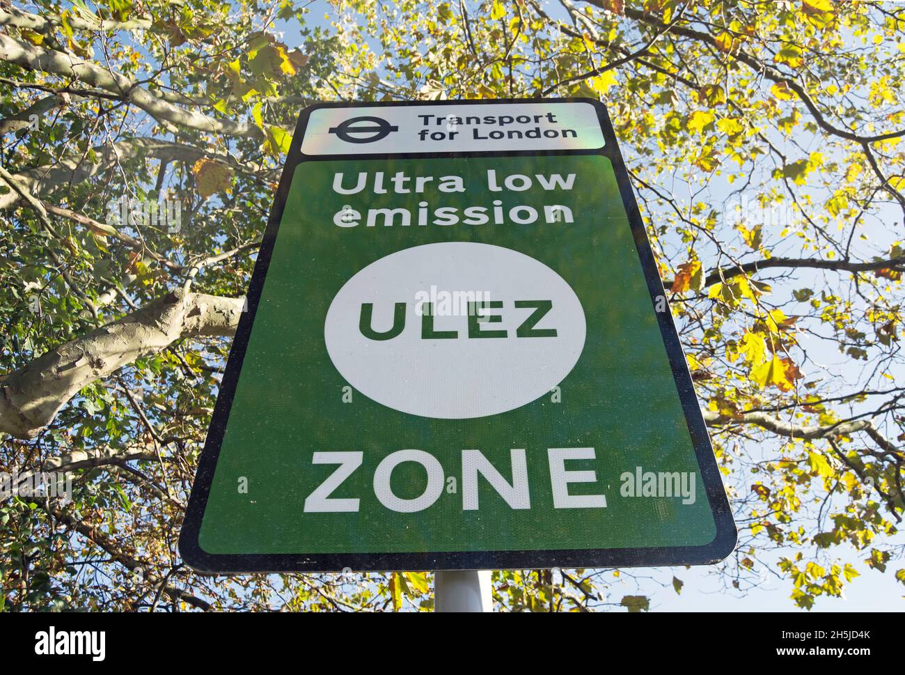 transport for london sign marking the start of an ultra low emissions zone, or ulez, at chalkers corner, southwest london, england Stock Photo