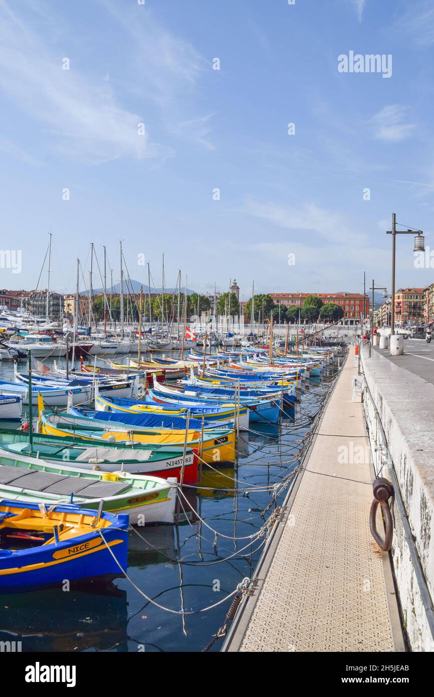 Colourful boats in Port Lympia, Nice, South of France, 2019. Credit: Vuk Valcic/Alamy Stock Photo