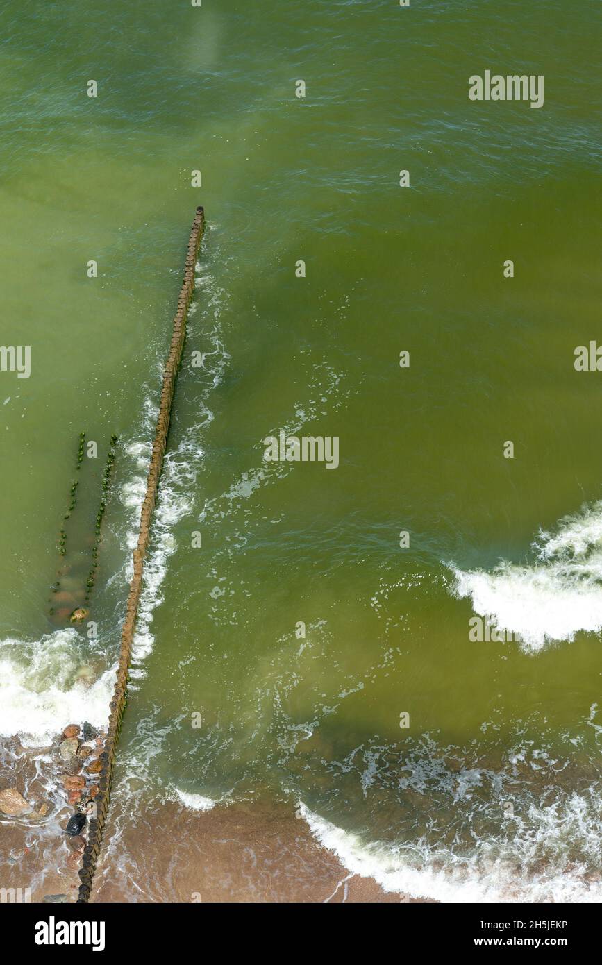 A breakwater made of logs cuts through the sea wave. The Baltic Sea ...