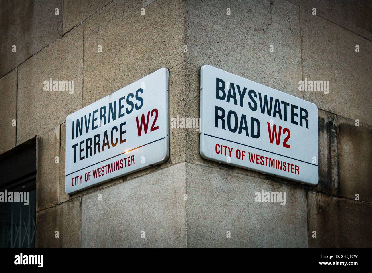London, United Kingdom; March 15th 2011: Street signs at the corner of Inverness Terrace and Bayswater Road. Stock Photo