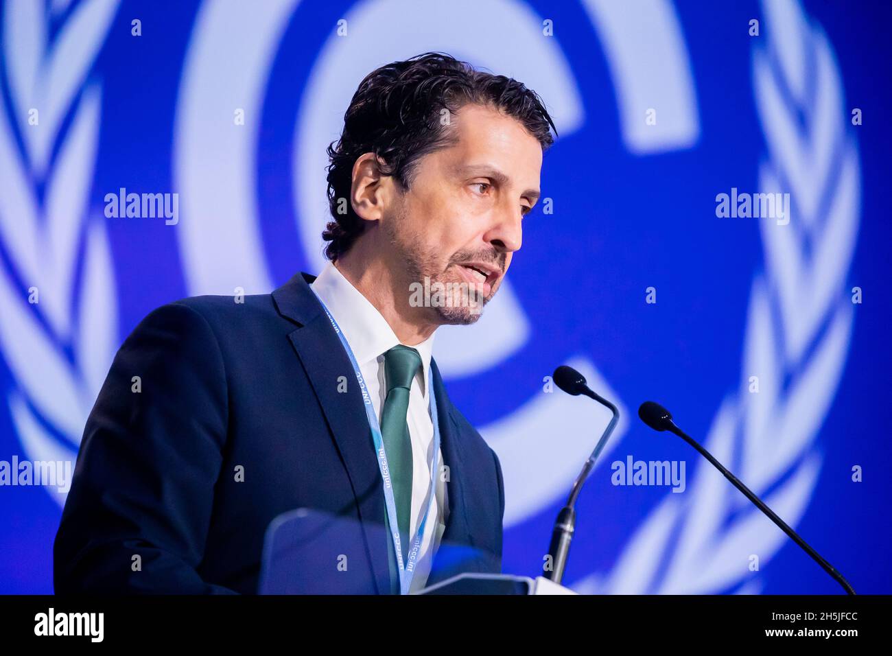 Glasgow, UK. 10th Nov, 2021. Joaquim Alvaro Pereira Leite, Minister of Environment of Brazil, speaks at the UN Climate Change Conference COP26 in Glasgow. For two weeks in Glasgow, some 200 countries will be wrestling with how to achieve the goal of limiting global warming to 1.5 degrees compared to pre-industrial times. Credit: Christoph Soeder/dpa/Alamy Live News Stock Photo