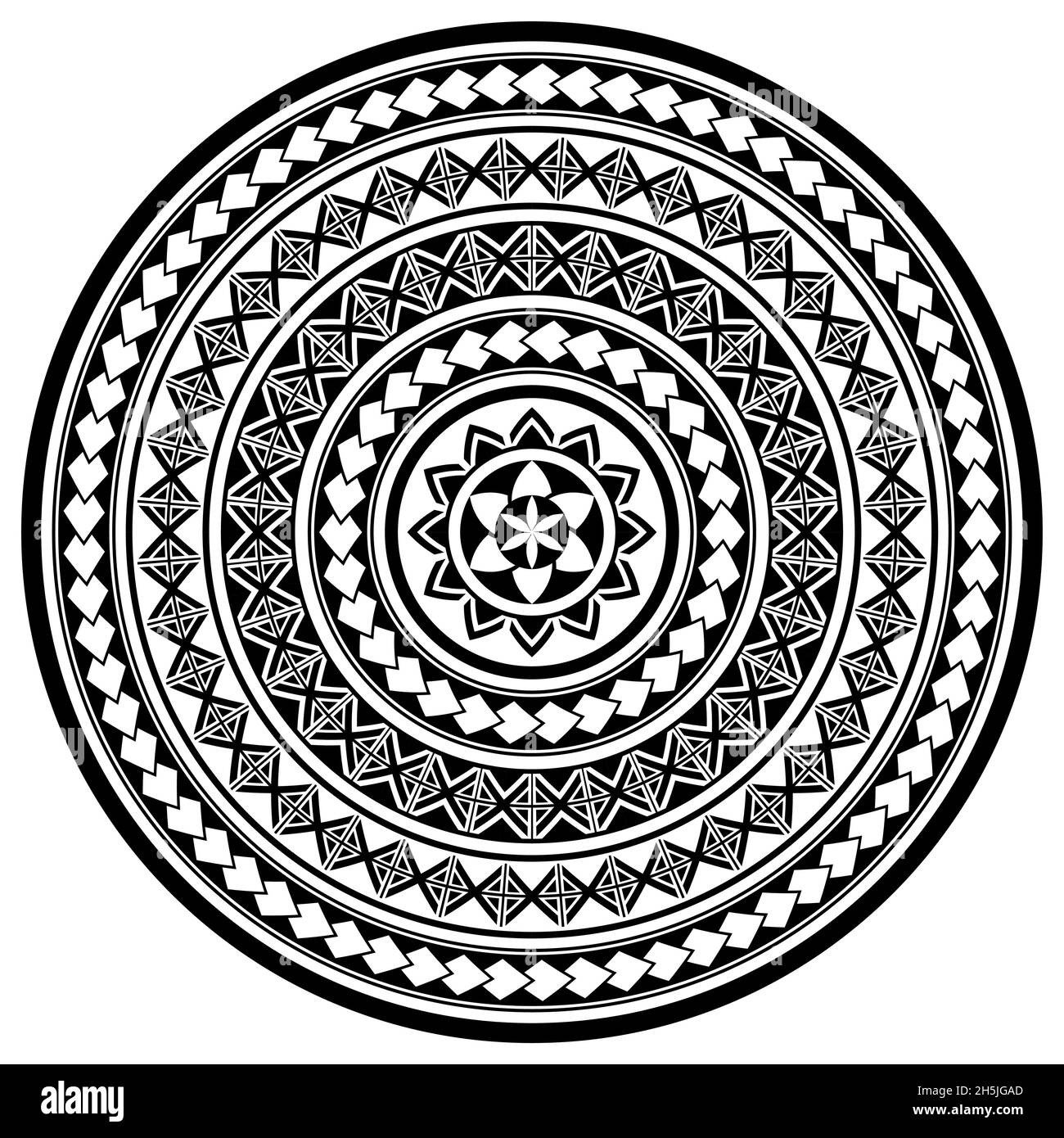 Hawaii tribal tattoo mandala vector pattern, Poylnesian folk art round design in black and white Stock Vector