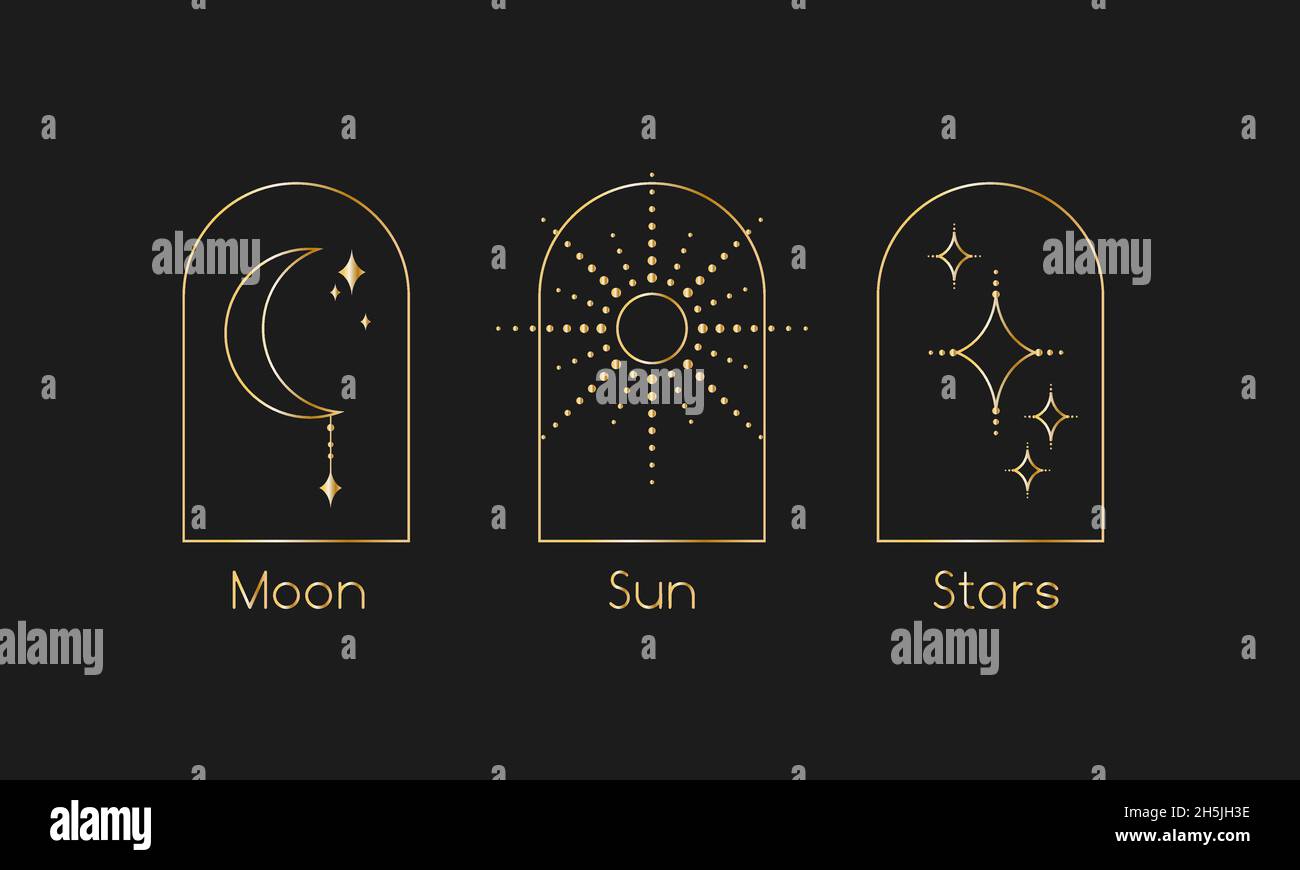 Line art moon, sun, stars signs and symbols. Mystical golden vector logos, tattoos, cards Stock