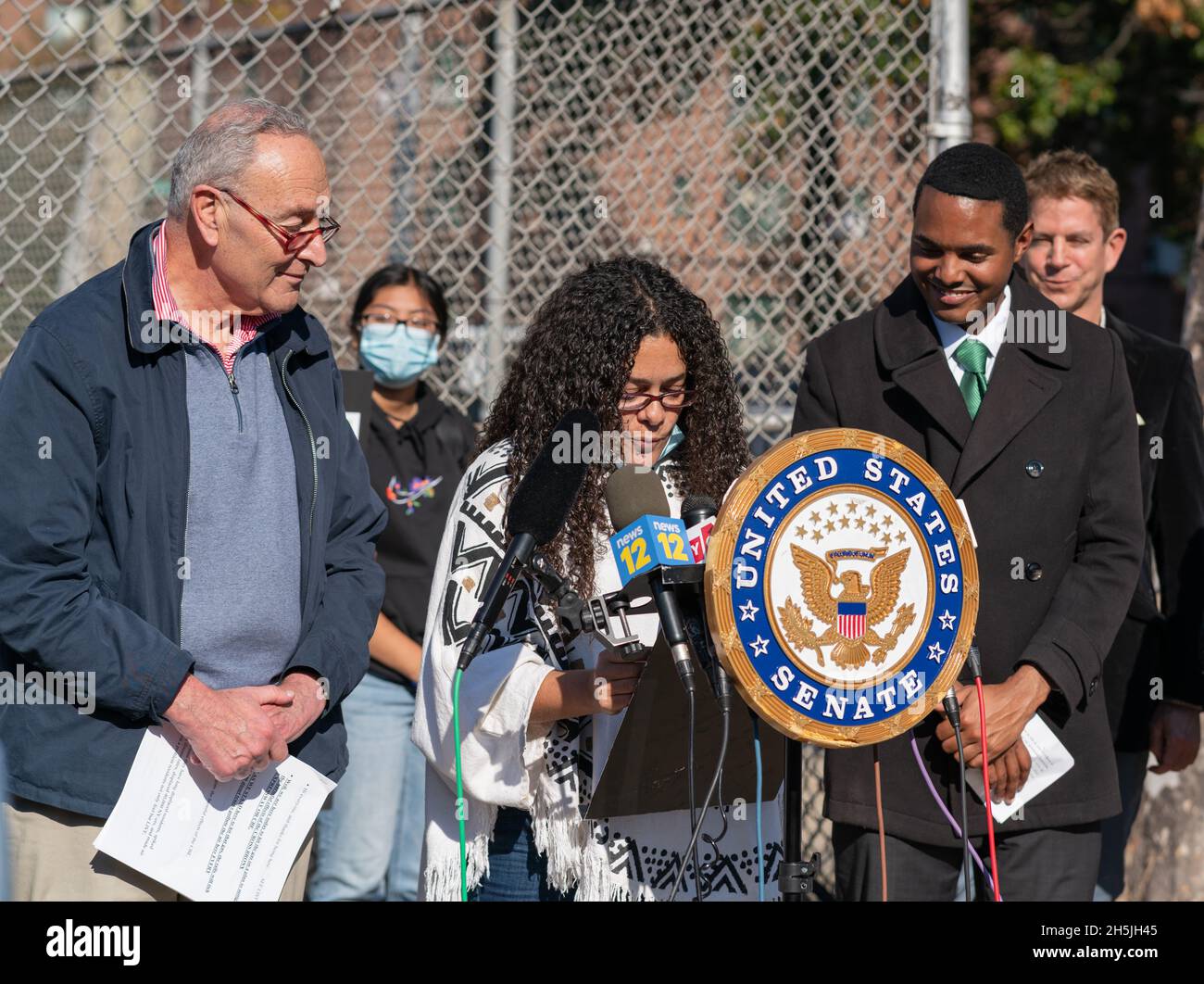 Senate Majority Leader Chuck Schumer, Congressman Ritchie Torres and other elected officials hold a press conference to announce federal money for the capping of the Cross Bronx in Bronx, NY, USA on November 9, 2021. (Photo By Steve Sanchez/Sipa USA) Stock Photo