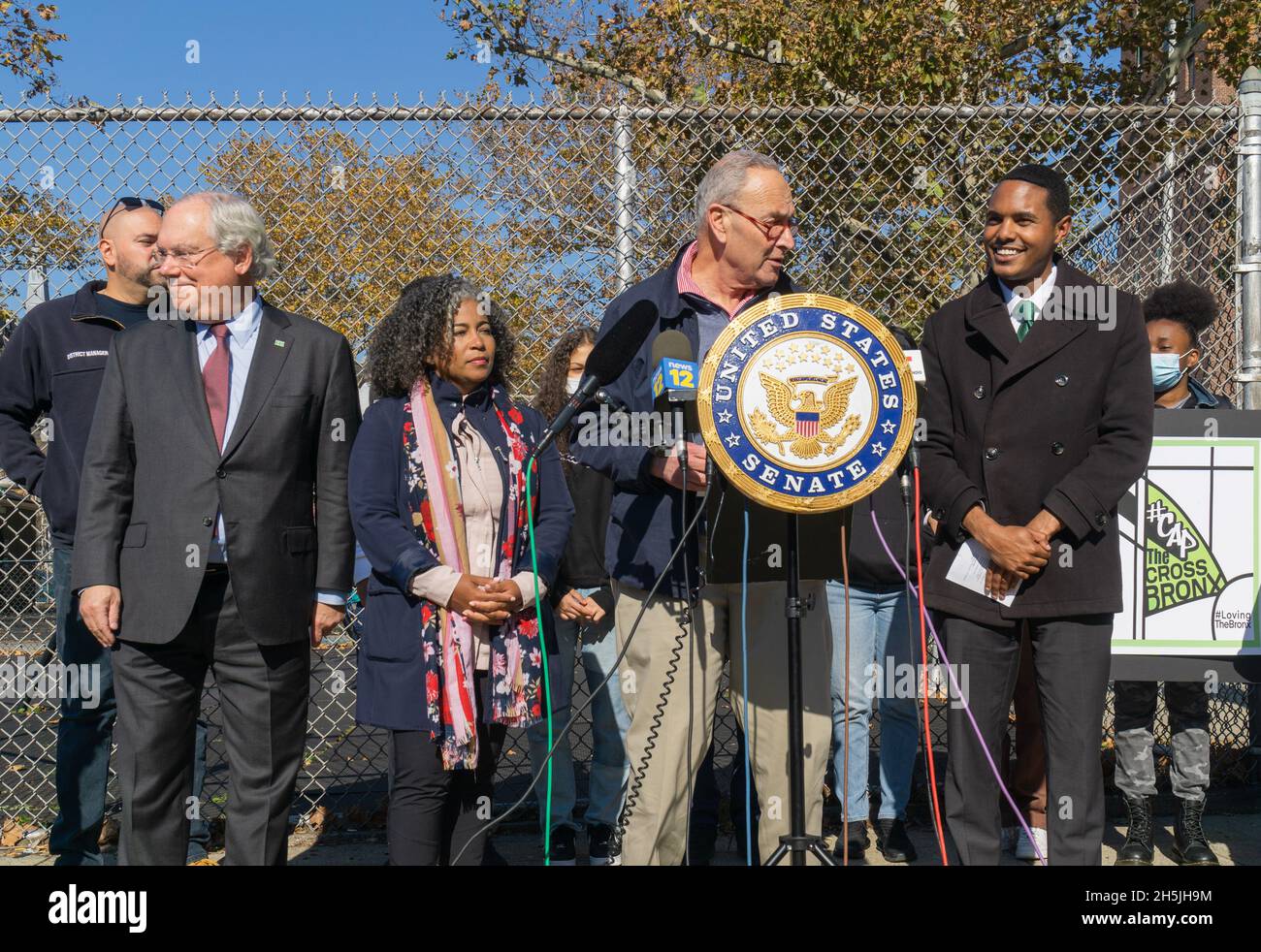 Senate Majority Leader Chuck Schumer, Congressman Ritchie Torres and other elected officials hold a press conference to announce federal money for the capping of the Cross Bronx in Bronx, NY, USA on November 9, 2021. (Photo By Steve Sanchez/Sipa USA) Stock Photo