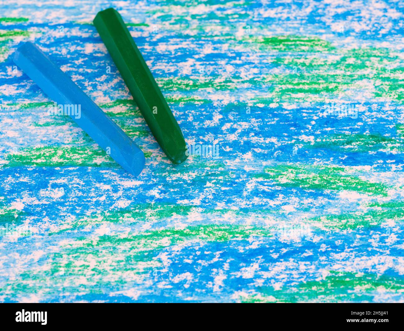 Blue and green oil pastels on a handdrawn oil pastel painting Stock