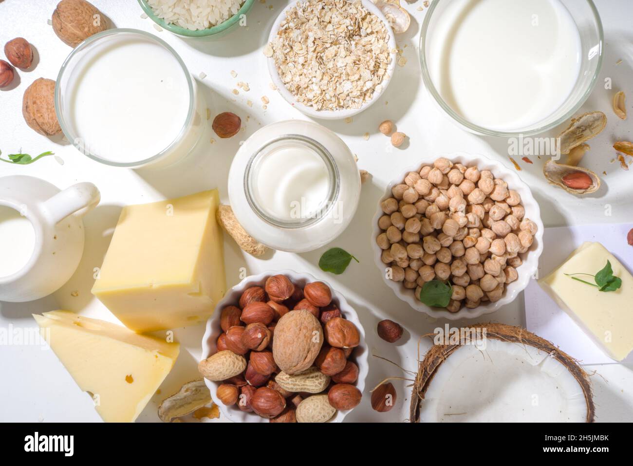 Vegan nondairy products. Plantbased alternative dairy products milk