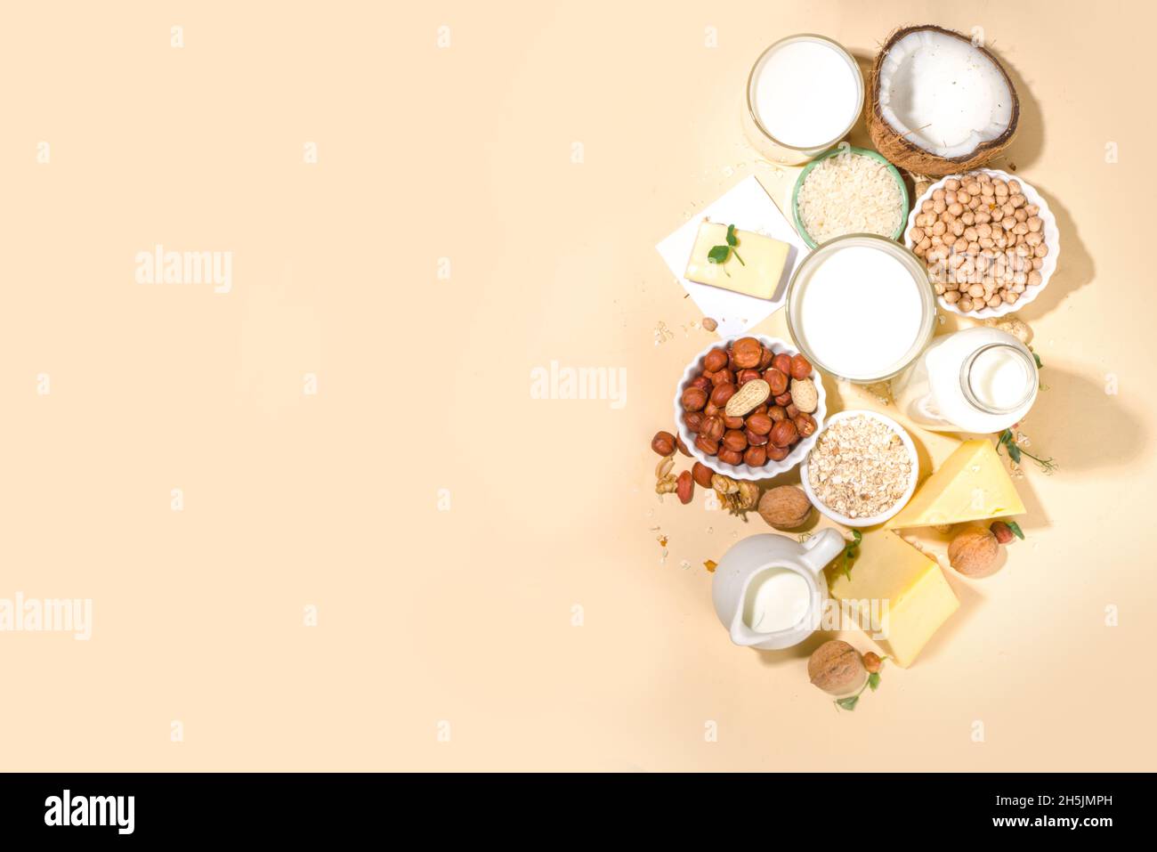 Vegan nondairy products. Plantbased alternative dairy products milk