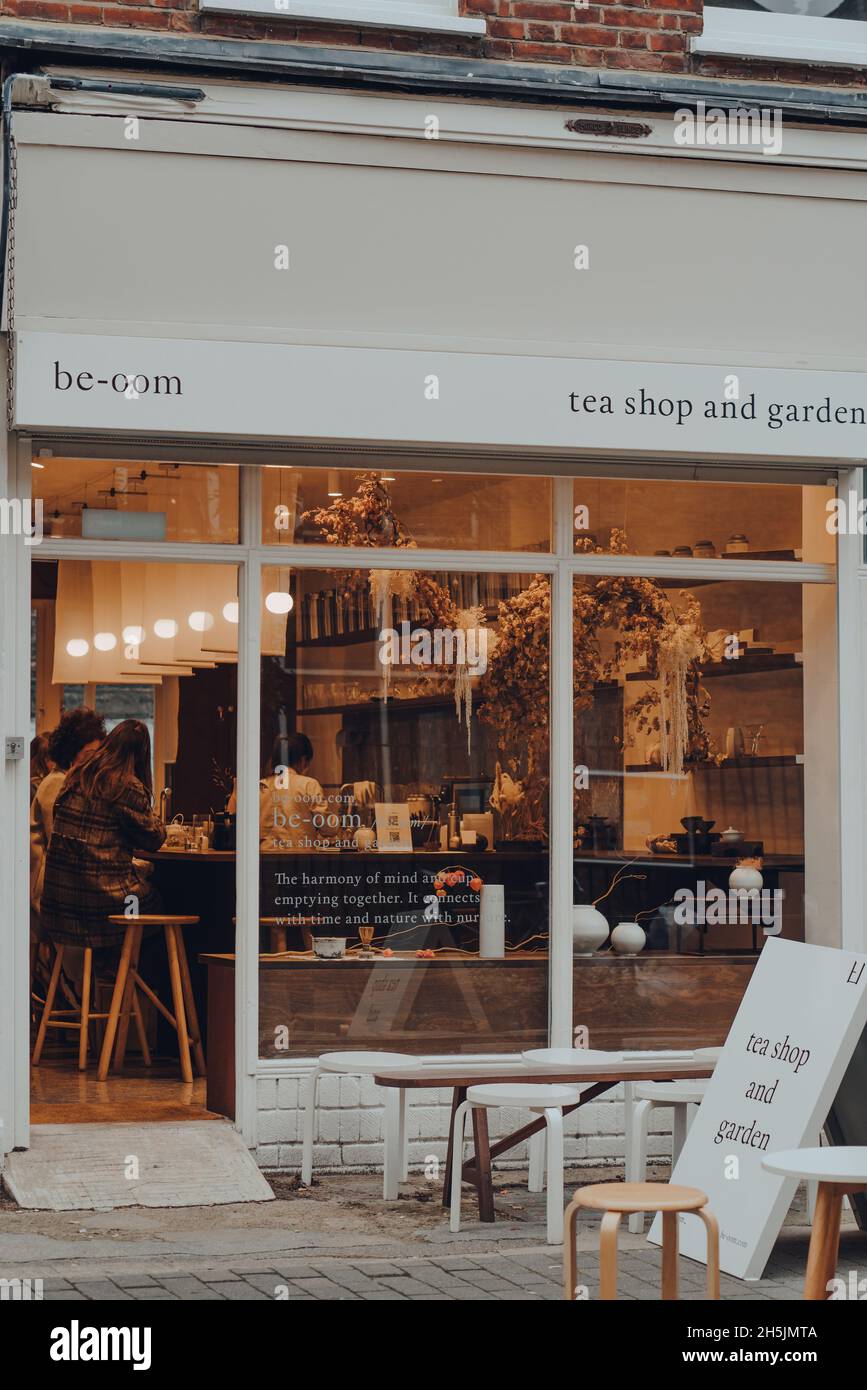 London, UK October 23, 2021 Facade of beoom tea shop and garden in