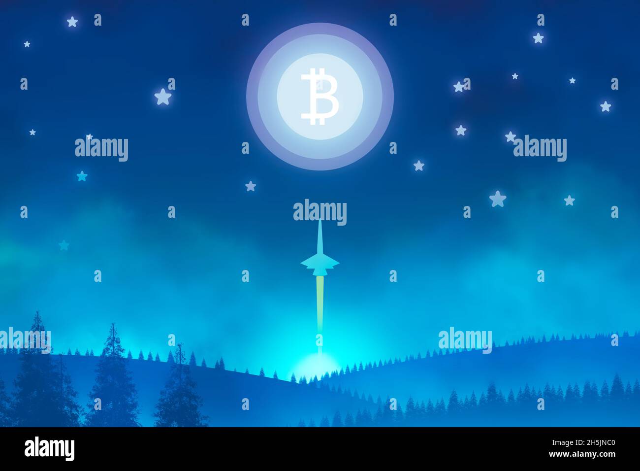A crypto currency illustration of the Bitcoin symbol on the moon. With a  rocket travelling up into the sky. On a starry night Stock Photo - Alamy