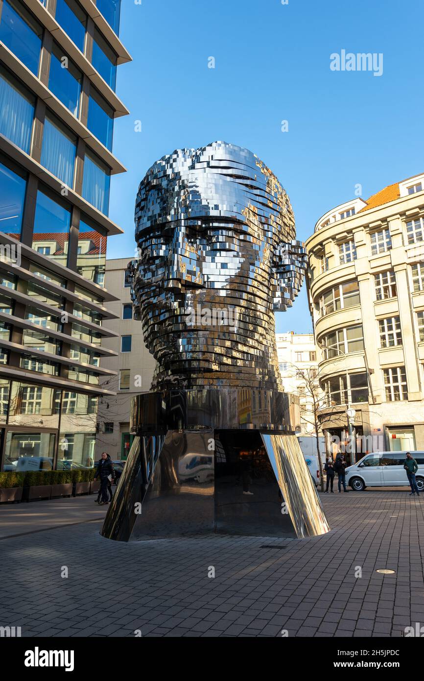 Prague, Czech Republic -January 15, 2020: Moving monument head of Franz Kafka, also known as the Statue of Kafka. Outdoor sculpture by artist David Ce Stock Photo