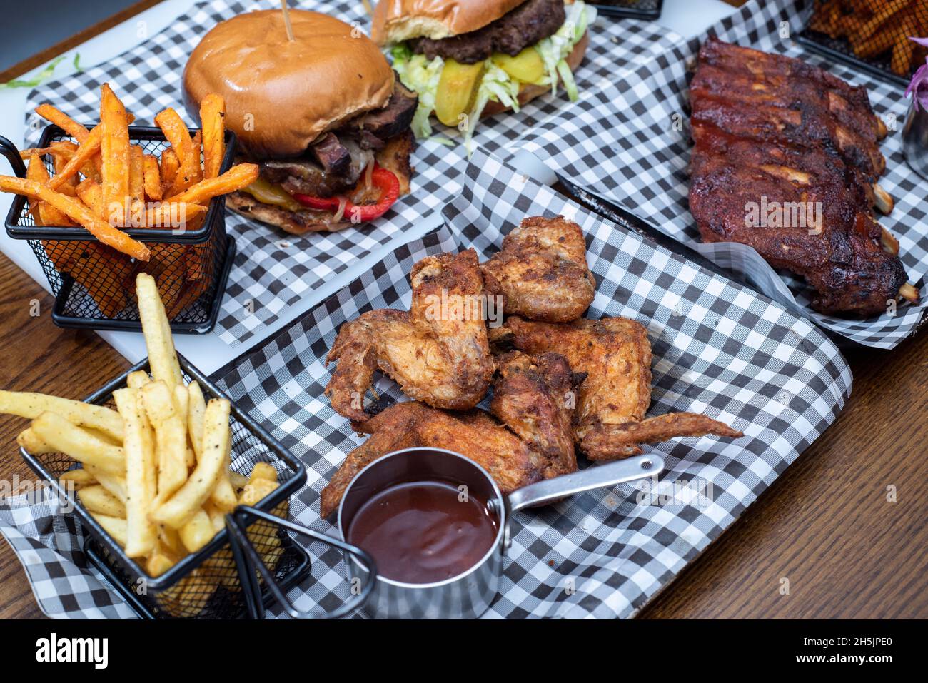 Sheffield UK 22 May 2018 BBQ spare ribs, fried chicken and burgers