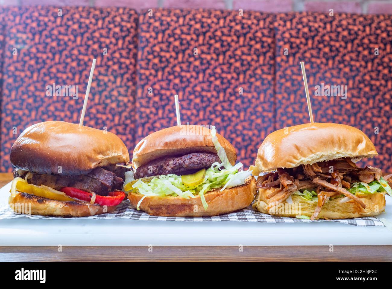 Sheffield UK 22 May 2018 Classic Cheeseburger, pulled pork burger