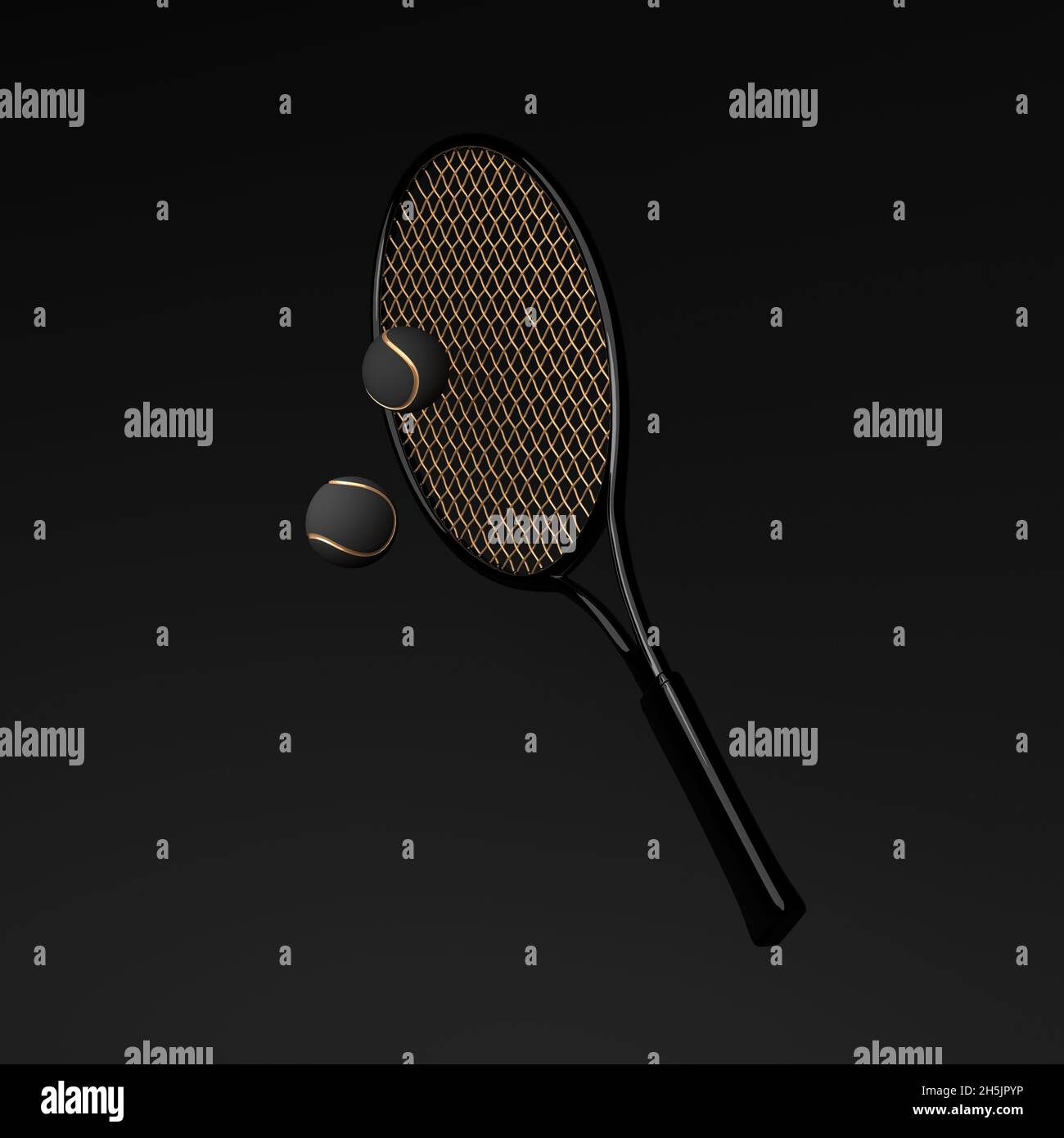 Glossy black and gold tennis racket and balls on a black background. 3D ...