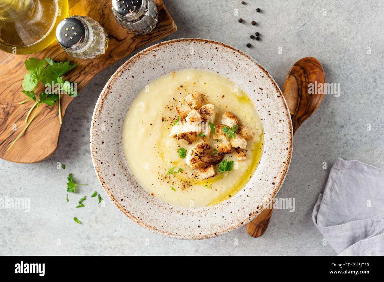 Cauliflower cream soup or soup puree. Healthy vegan bowl of warm soup Stock Photo