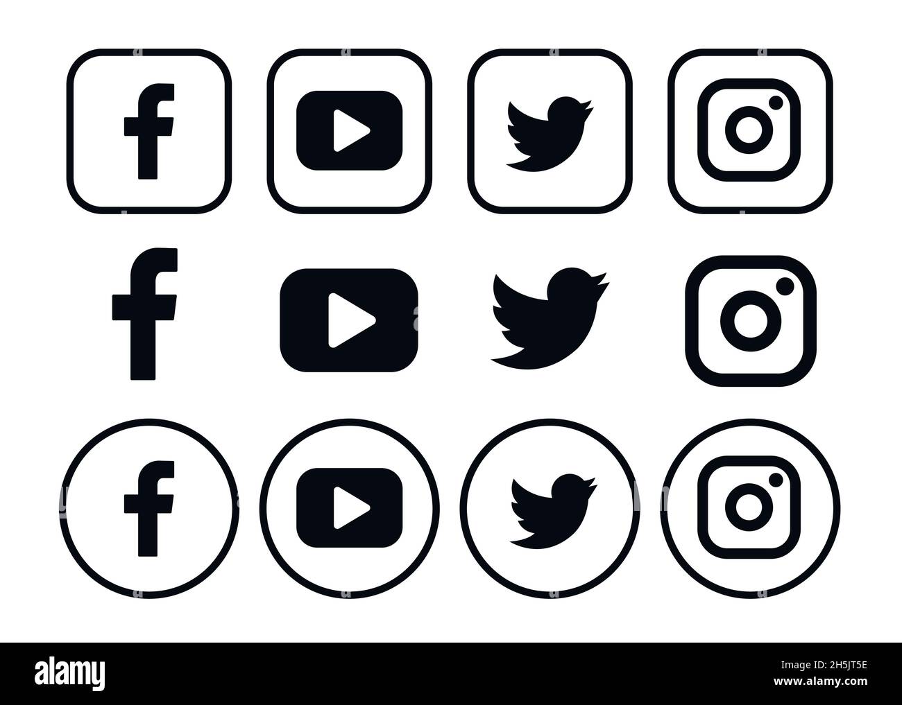 Popular social media logotype collection: Facebook, TikTok, instagram, youtube, linkedin, pinterest, periscope, vimeo. Stock Vector