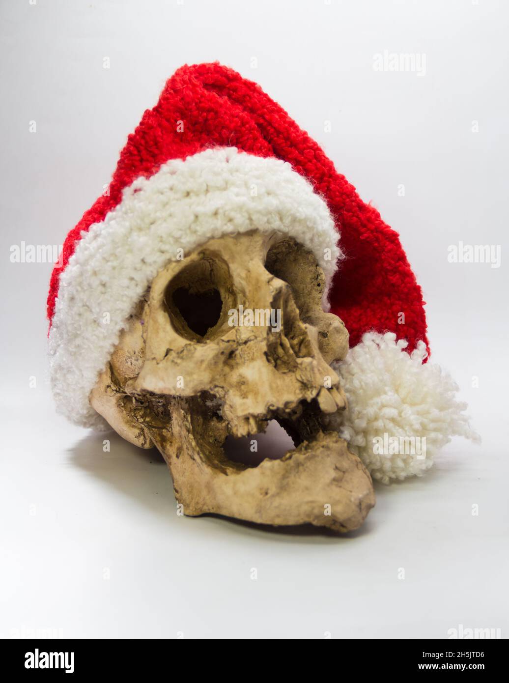 human skull with elf cap isolated on black background Stock Photo