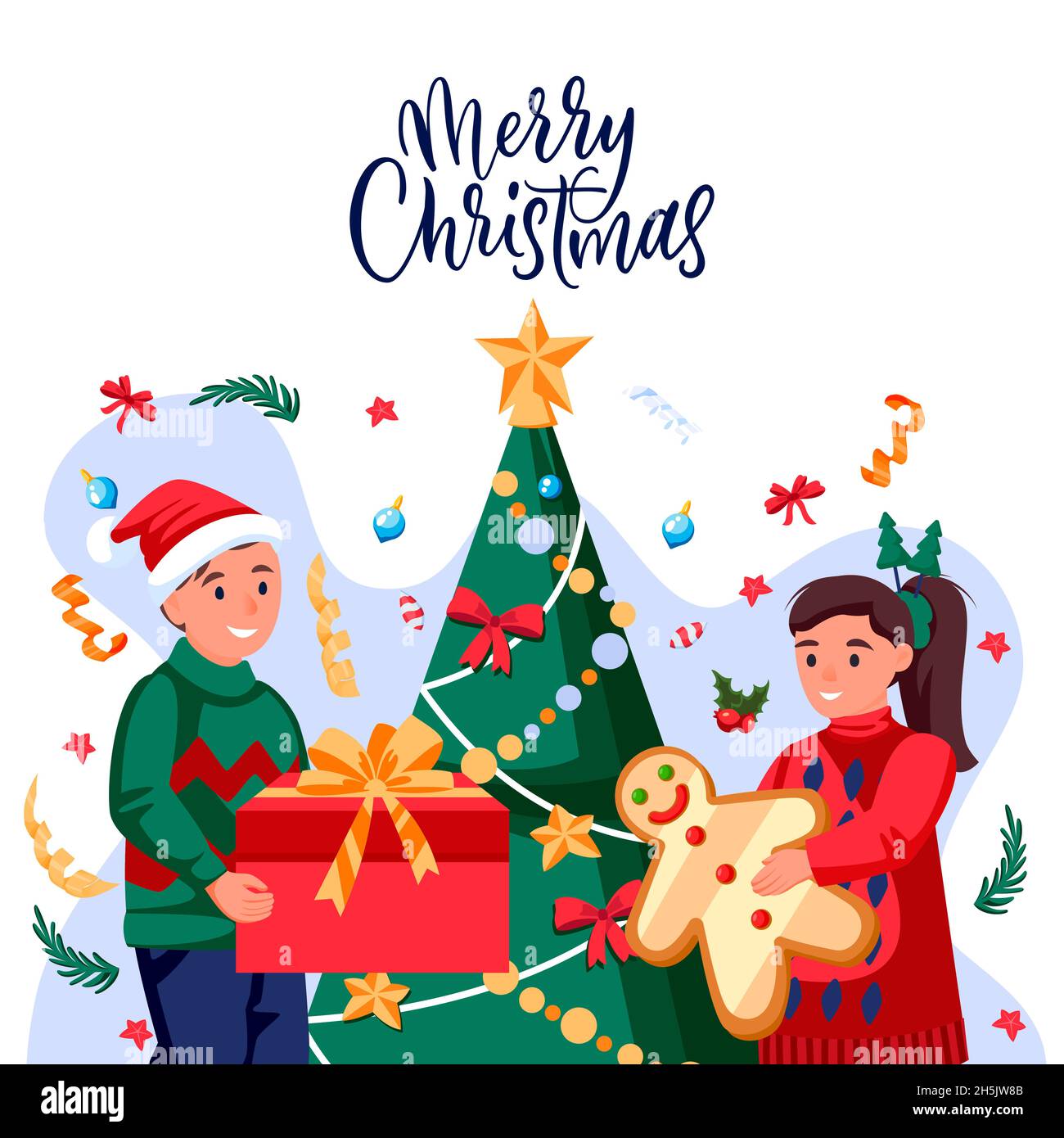 Boy with gift and girl with ginger bread in holiday costumes near Christmas tree. Happy kids preparing to New Year celebration. Vector flat cartoon ch Stock Vector