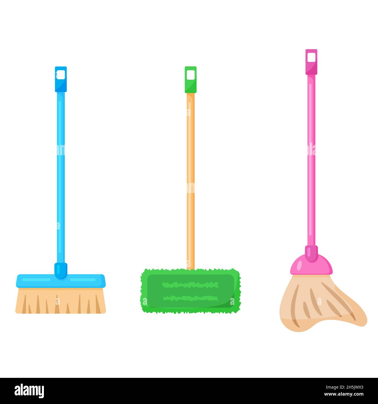 Set of 3 housework mops, home cleaning broom. Hygiene, washing or housework equipment. Vector illustration in cartoon flat style. Cleaning services Stock Vector
