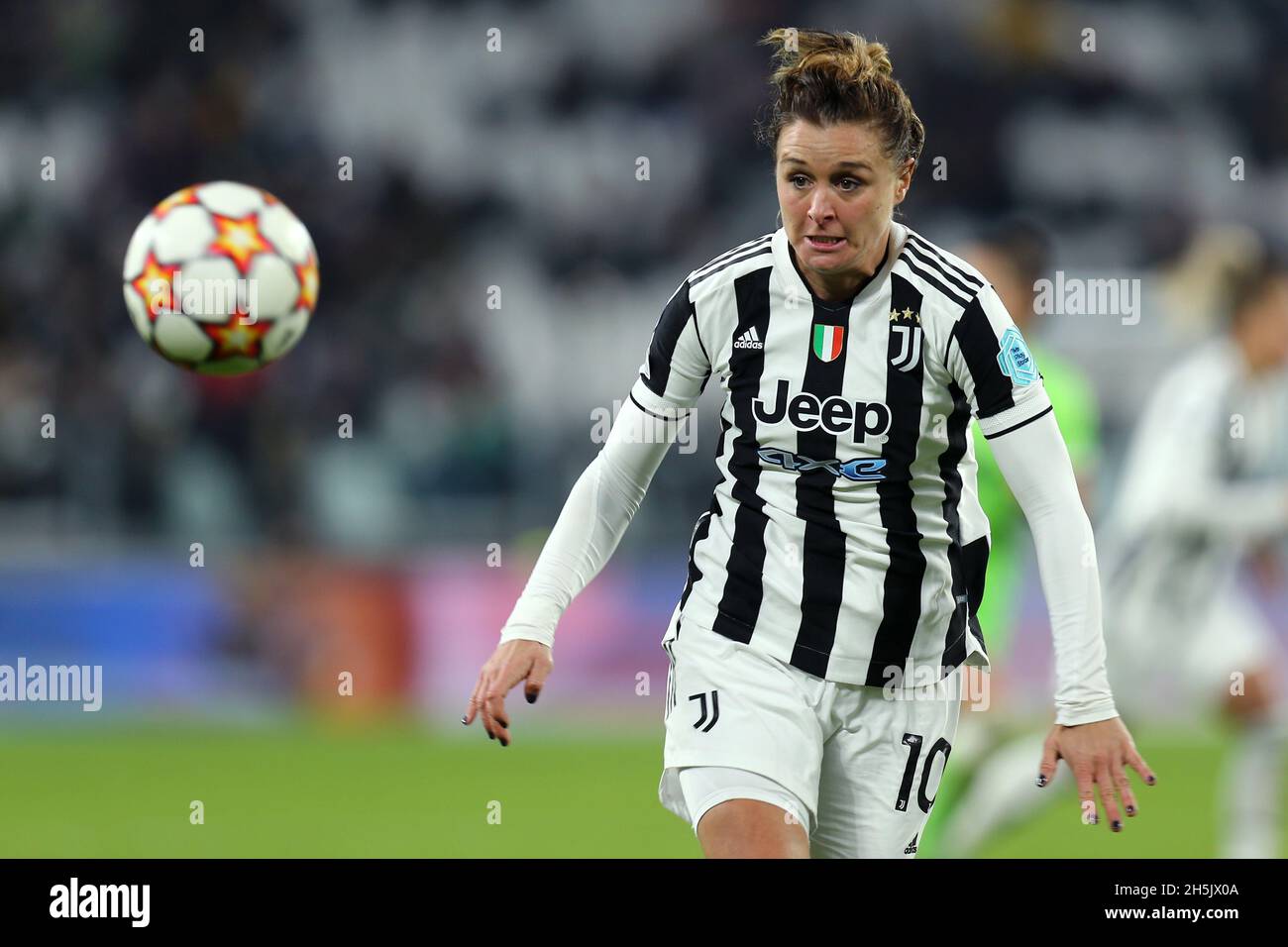 Cristiana Girelli of Juventus Fc   controls the ball during the Uefa Women's Champions League Group A match between Juventus Fc  and VfL Wolfsburg  at Allianz Stadium on November 9, 2021 in Turin, Italy . Stock Photo