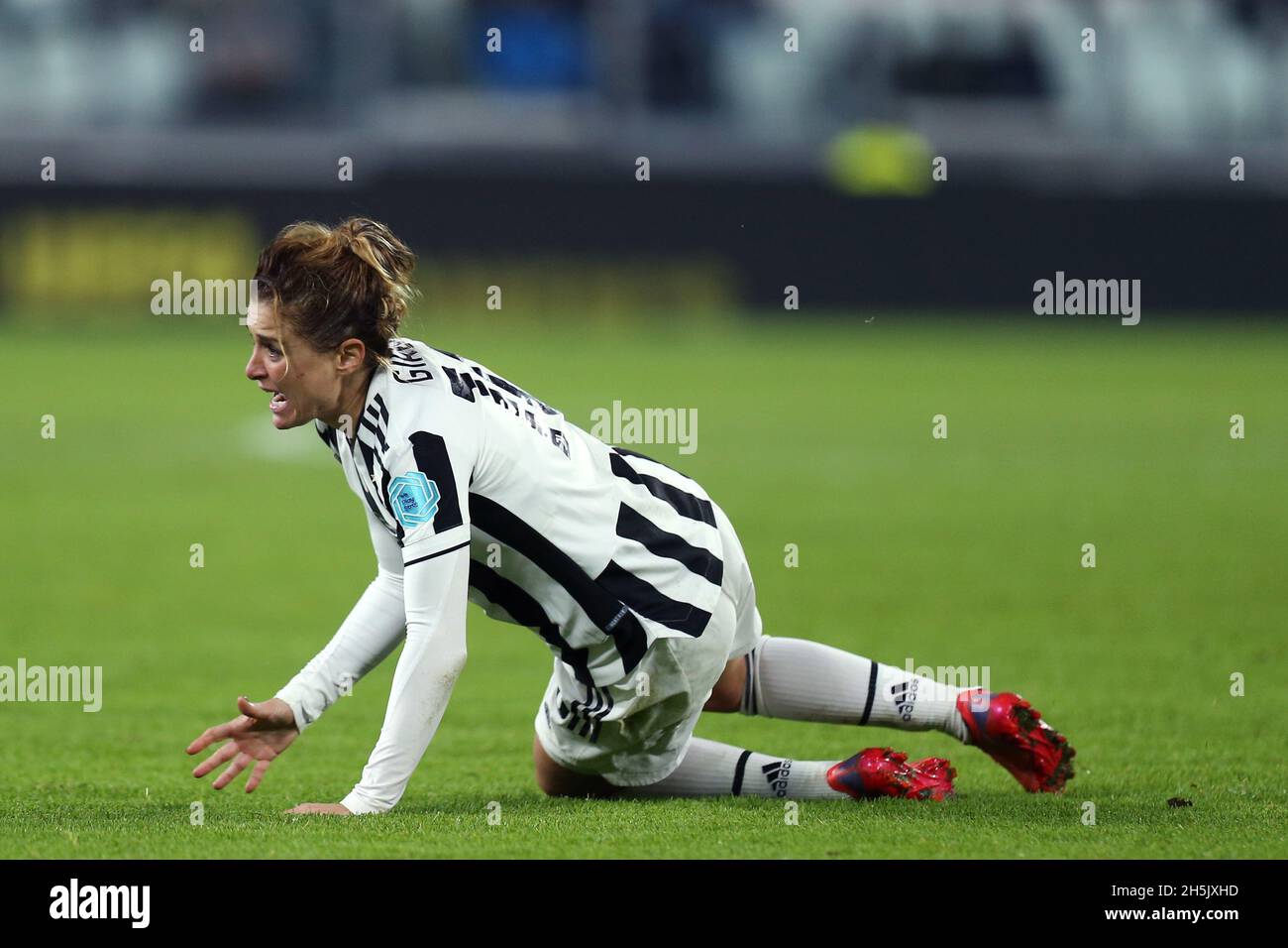 Cristiana Girelli of Juventus Fc   lies on the ground during the Uefa Women's Champions League Group A match between Juventus Fc  and VfL Wolfsburg  at Allianz Stadium on November 9, 2021 in Turin, Italy . Stock Photo