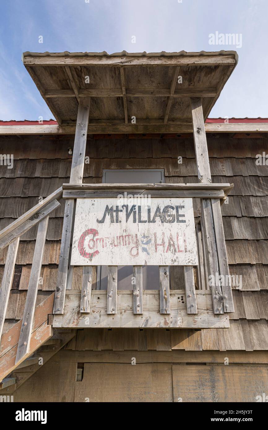 The front entry sign for the Mountain Village Community Hall, Western