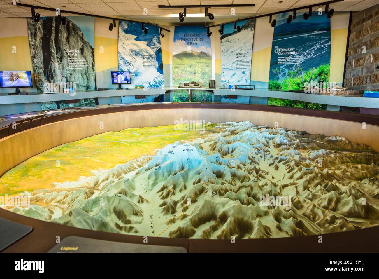 Mount Denali (McKinley) topographic map displayed inside the Eielson Visitor Center, Denali National Park and Preserve, Interior Alaska Stock Photo