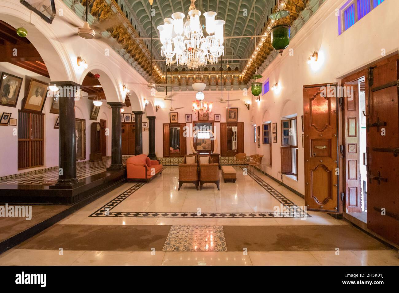 Interior of a family mansion, Chetinad, Tamil Nadu, India; Karaikudi, Tamil Nadu, India Stock Photo