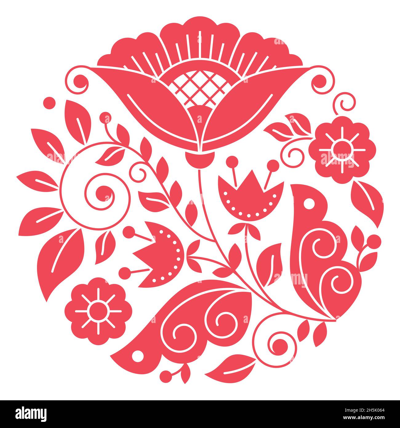 Scandinavian folk art flower vector red pattern, retro floral design in  circle inspired by the traditional embroidery from Sweden Stock Vector  Image & Art - Alamy