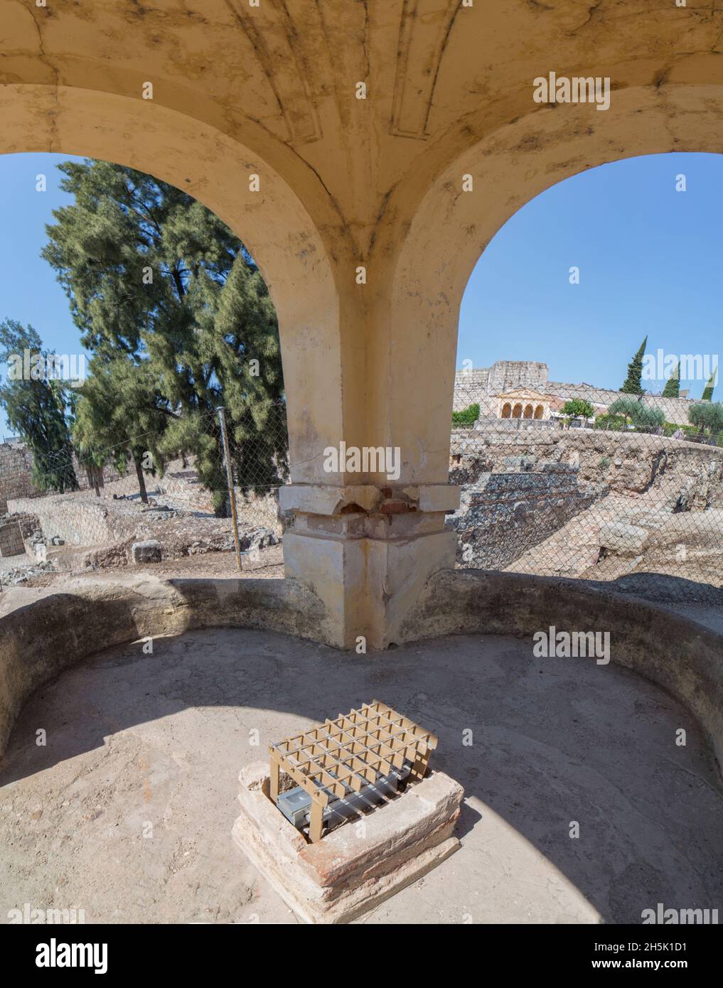 Merida, Spain - August 25th, 2018: Alcazaba of Merida, arabic citadel complex. 19th century little temple. Extremadura, Spain Stock Photo