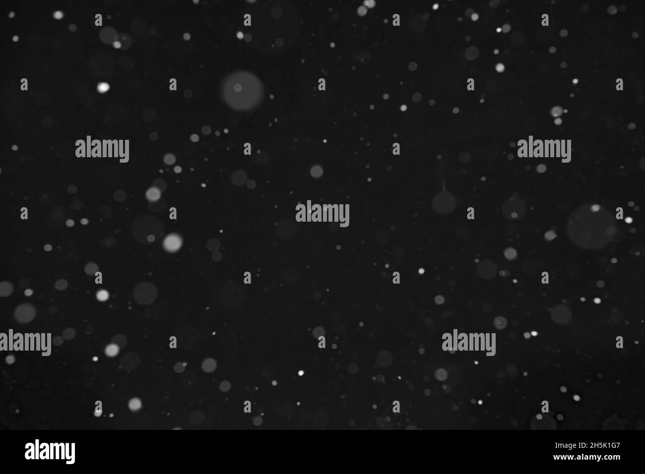 White Lights Over Dark Background Defocused, Falling snow on black background Stock Photo
