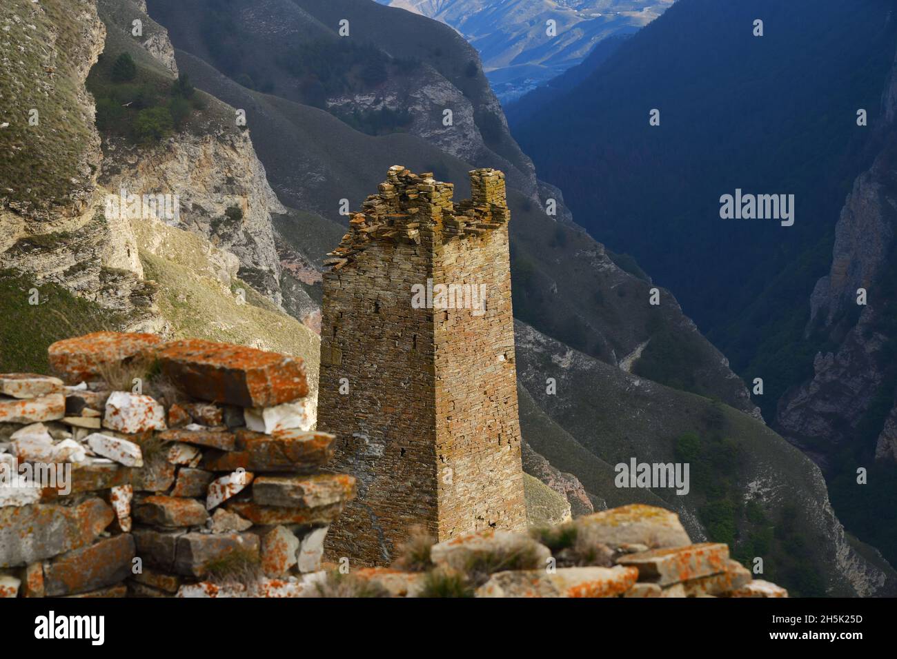 Medieval ruins building of the Harcaroy Battle Tower. Kharkaroi village, Vedensky district, Chechen Republic. Russia. Selective focus Stock Photo