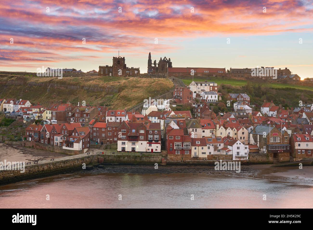 Whitby Abbey and harbour Whitby Yorkshire Stock Photo