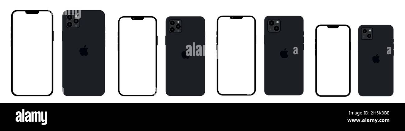 Realistic mockup black iphone 13 set all colours and models, mockup smartphone with white screen Stock Vector