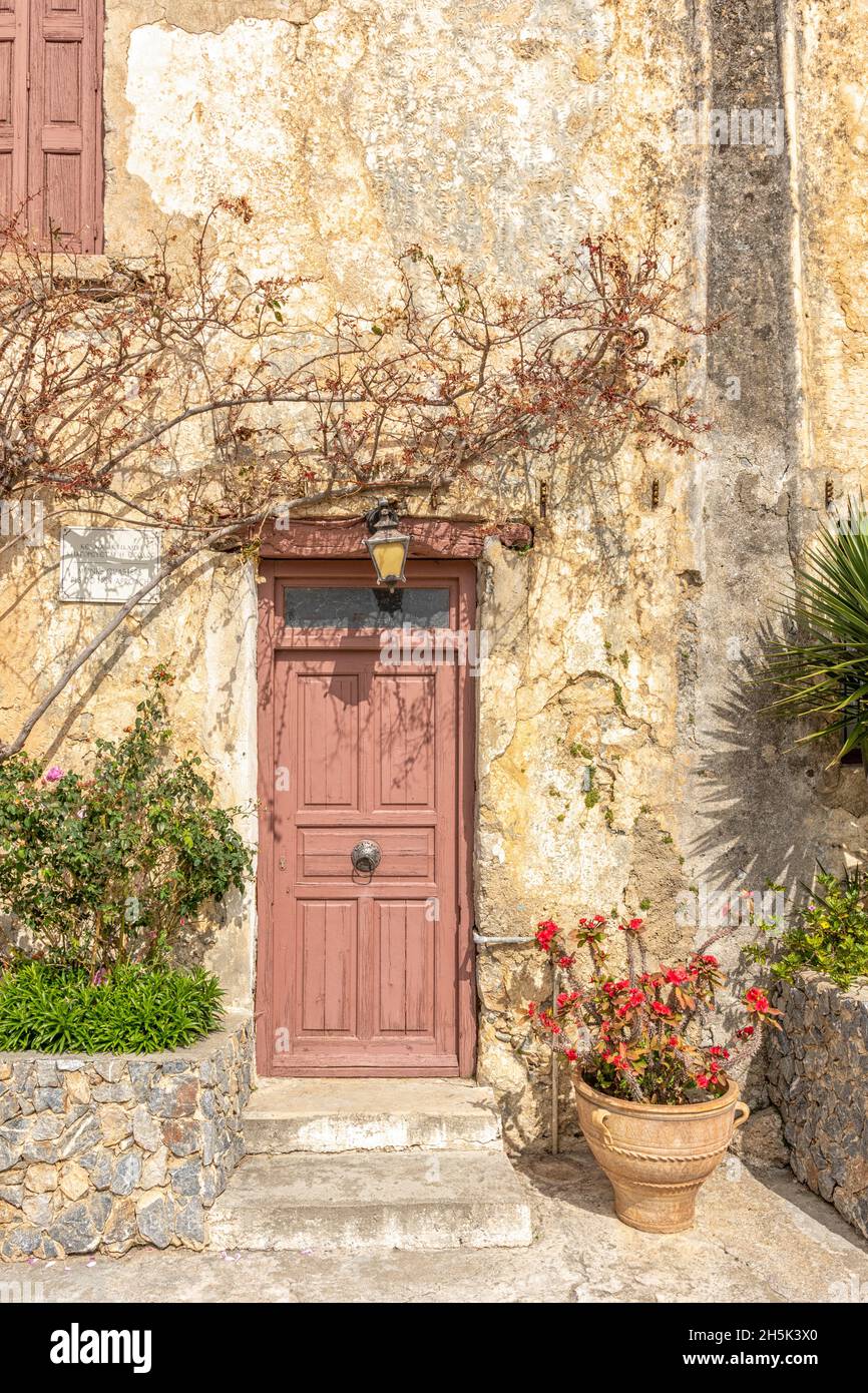 Old wooden brown door in Rethymnon. Greece. Stock Photo