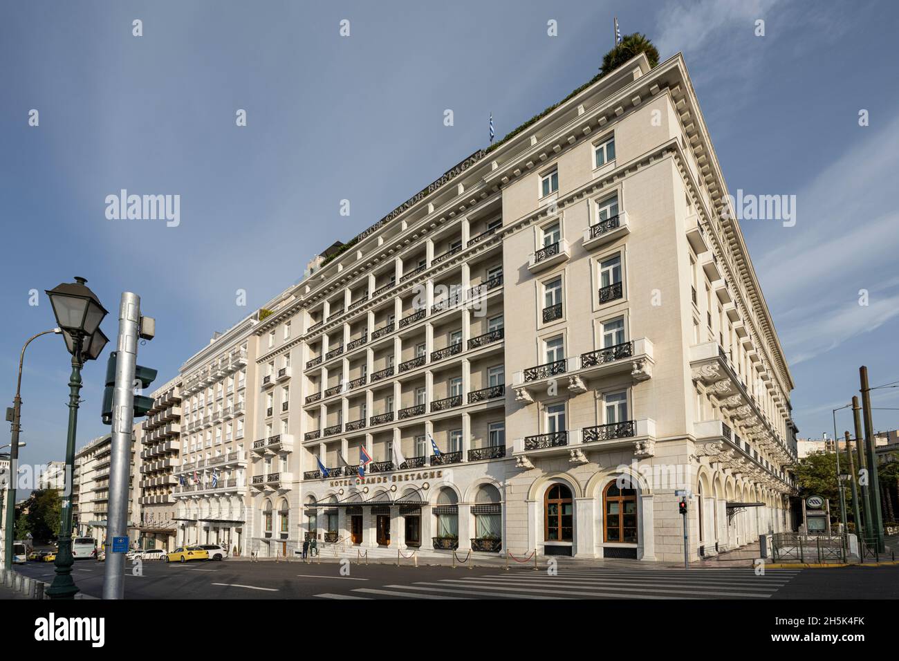 Athens, Greece. November 2021. Panoramic exterior view of the Grande Bretagne hotel in Syntagma Square Stock Photo