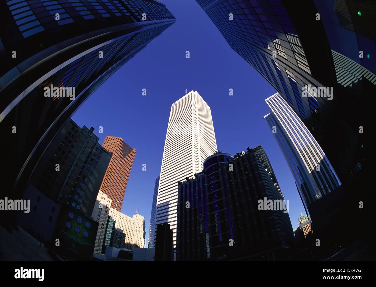 Looking Up at Office Towers and Sky, Toronto, Ontario, Canada Stock Photo
