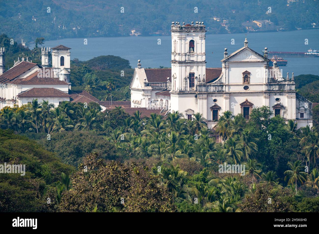 Se Cathedral and Church of St Cajetan in Velha Goa along the Mandovi River; Old Goa, Goa, India Stock Photo