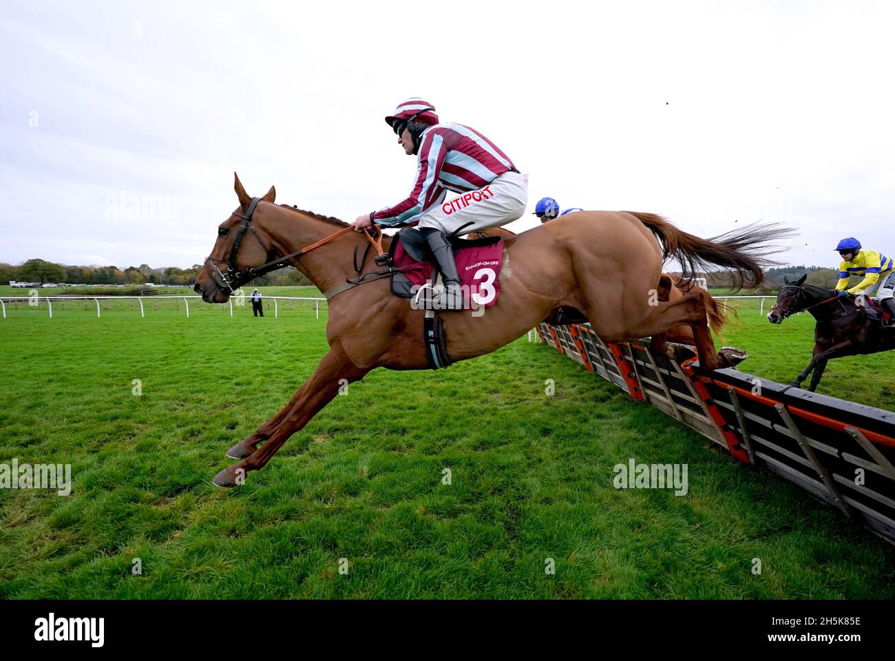 Giovanni Royale ridden by jockey Nick Scholfield clears a hurdle whilst competing in the Racing Welfare Supporting Racing's Workforce Novices' Hurdle at Bangor-on-Dee racecourse. Picture date: Wednesday November 10, 2021. Stock Photo