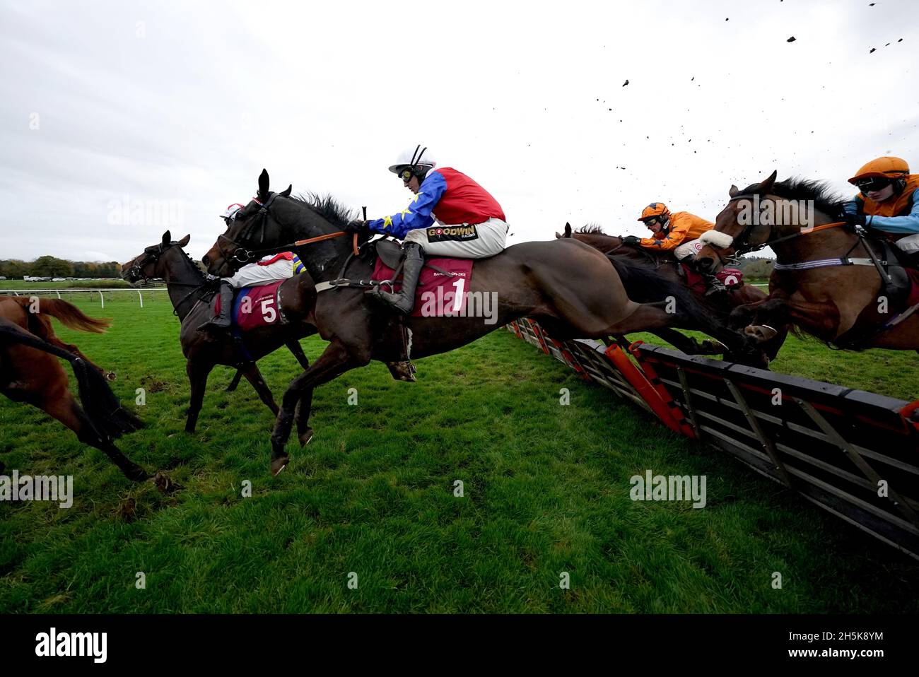 Universal Dave ridden by jockey Tom Cannon (centre) clears a hurdle whilst competing in the Racing Welfare Supporting Racing's Workforce Novices' Hurdle at Bangor-on-Dee racecourse. Picture date: Wednesday November 10, 2021. Stock Photo