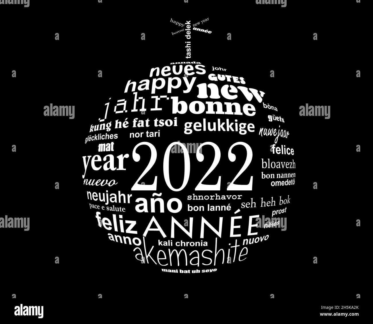 2022 new year multilingual text word cloud greeting card in the shape of a christmas ball Stock Photo