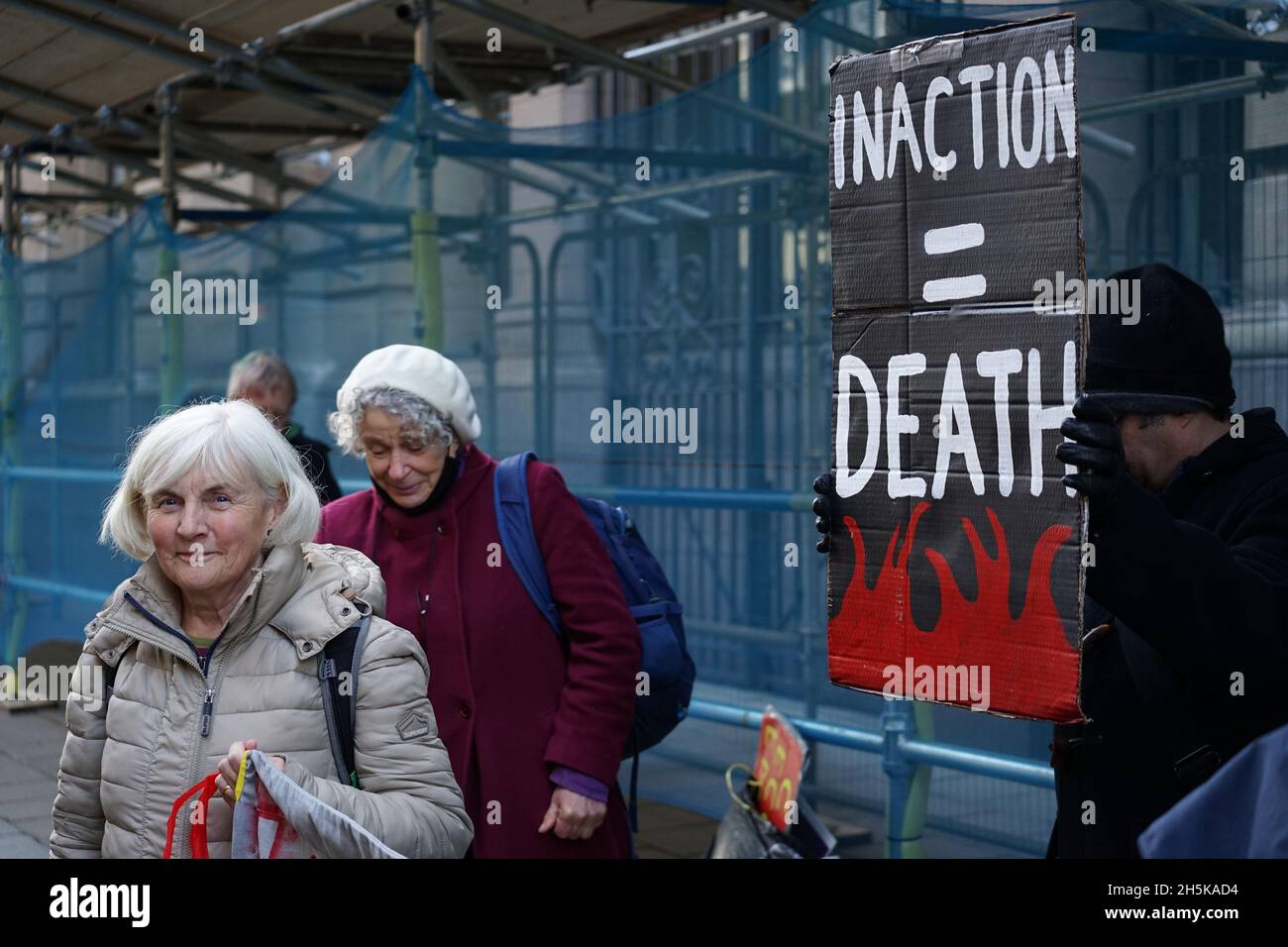 Glasgow, UK, 10/11/2021, jp morgan protest today shuts road off as