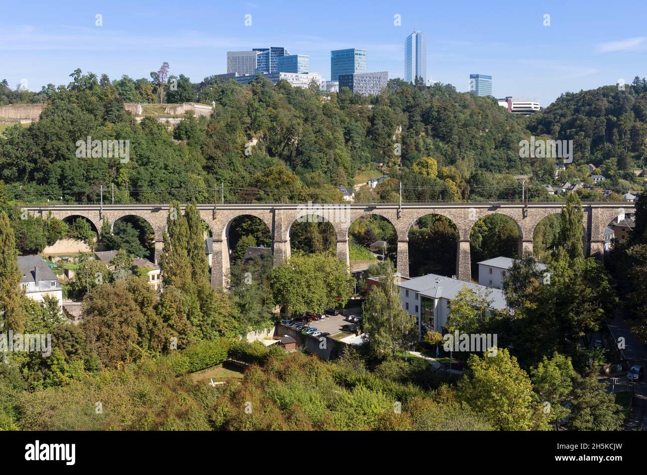 Europe, Luxembourg, Luxembourg City, Pafendall, Views of the Kirchberg with Viaduct carrying the Railway across the Alzette River Stock Photo