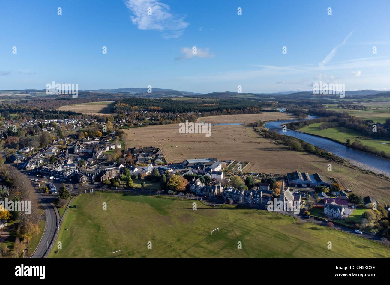 Aerial picture of the village of Aboyne beside the River Dee in Royal Deeside, Aberdeenshire, Scotland Stock Photo