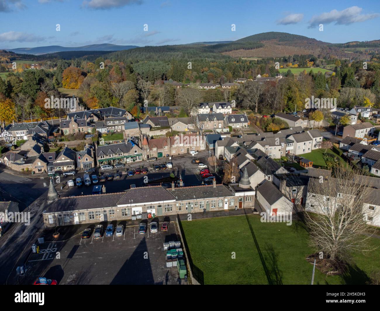 Aerial picture of the village of Aboyne beside the River Dee in Royal Deeside, Aberdeenshire, Scotland Stock Photo
