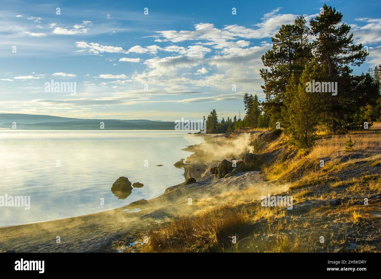 Mist shrouds the west thumb of Yellowstone Lake Stock Photo - Alamy